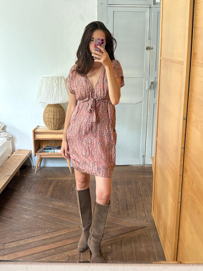 Laga 100% Silk Dress, Luxury Silk Mini Dress, Dusty Rose Print Dress, Made in India, Women's XS
