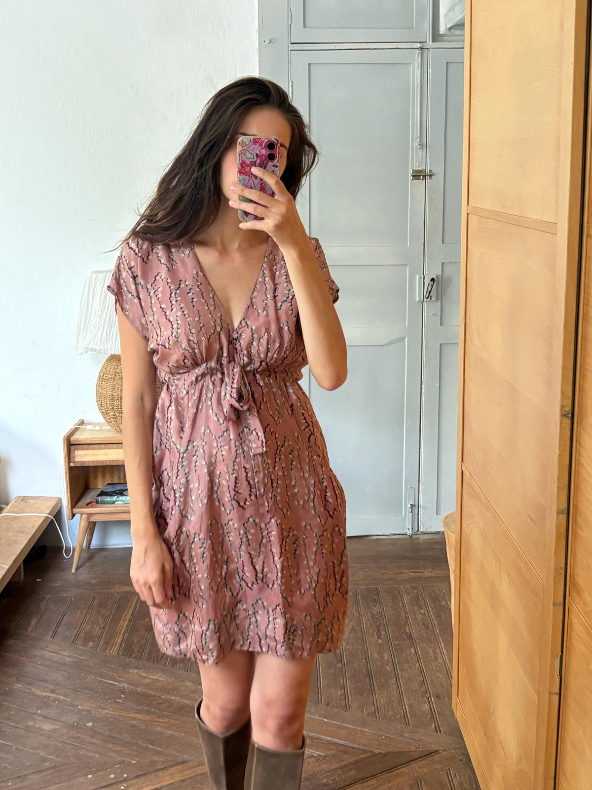 Laga 100% Silk Dress, Luxury Silk Mini Dress, Dusty Rose Print Dress, Made in India, Women's XS