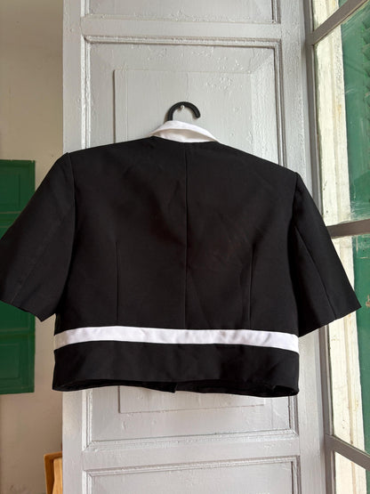 Vintage Cropped Mod Blouse, Black & White Retro Top, Padded Shoulders, Cropped Statement Blouse, Women's S