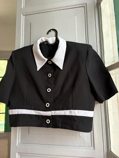 Vintage Cropped Mod Blouse, Black & White Retro Top, Padded Shoulders, Cropped Statement Blouse, Women's S