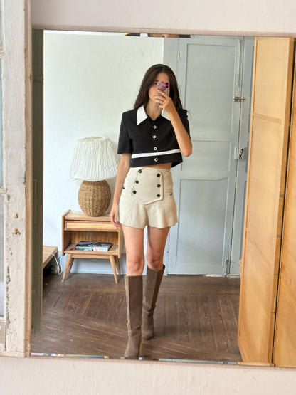 Vintage Cropped Mod Blouse, Black & White Retro Top, Padded Shoulders, Cropped Statement Blouse, Women's S