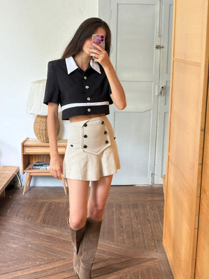 Vintage Cropped Mod Blouse, Black & White Retro Top, Padded Shoulders, Cropped Statement Blouse, Women's S