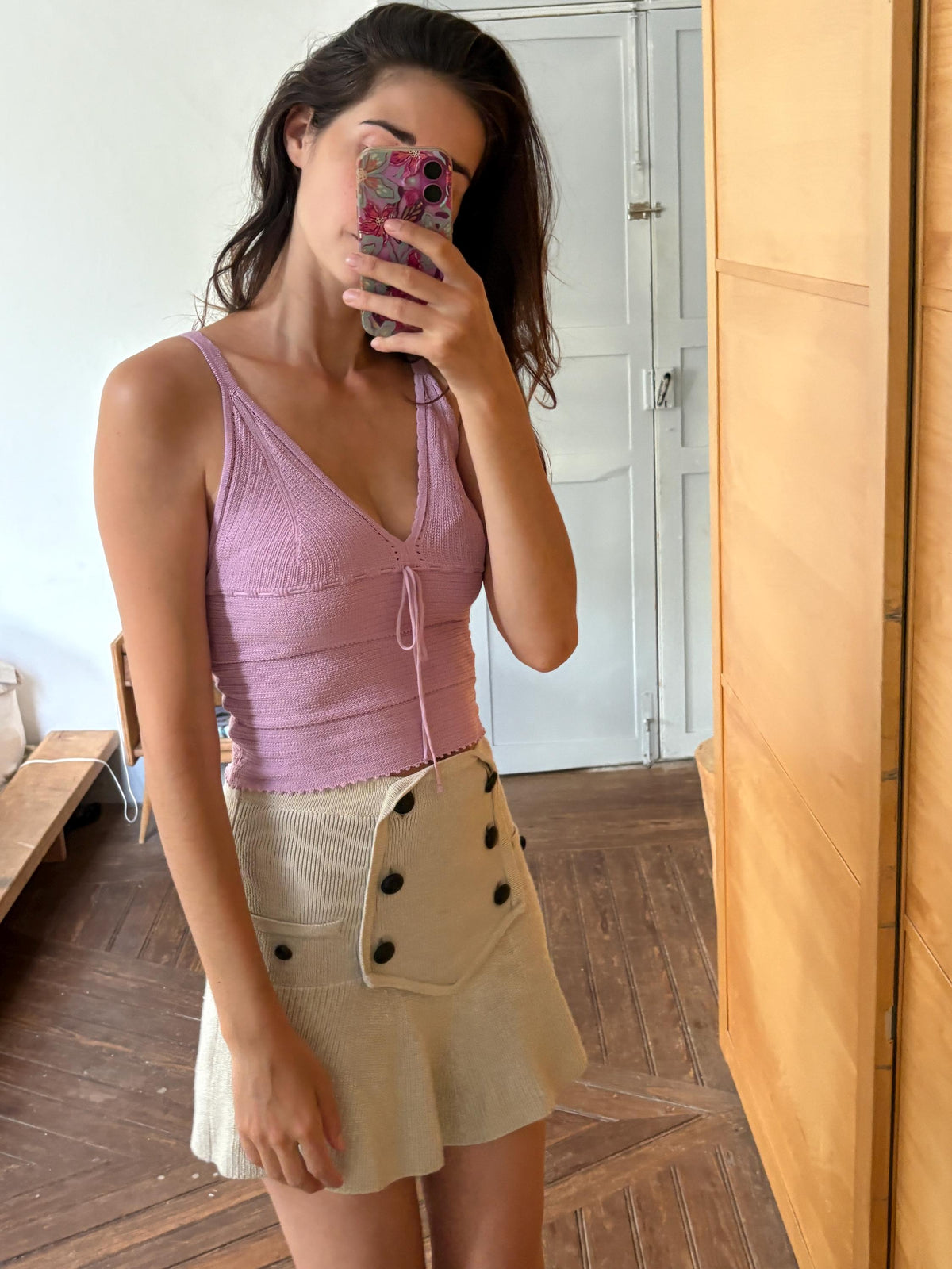 Y2K Knit Camisole Top, Pink Tie Front Tank, Boho Crochet Look Cami, Festival Summer Top, Women's XS