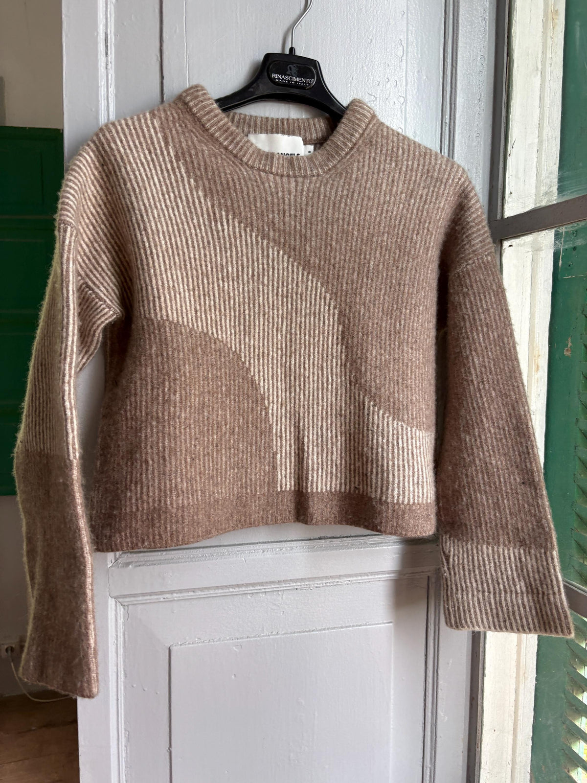 Armedangels Cropped Wool Blend Sweater, Neutral Colour Block Knit Jumper, Minimalist Women's XS - S