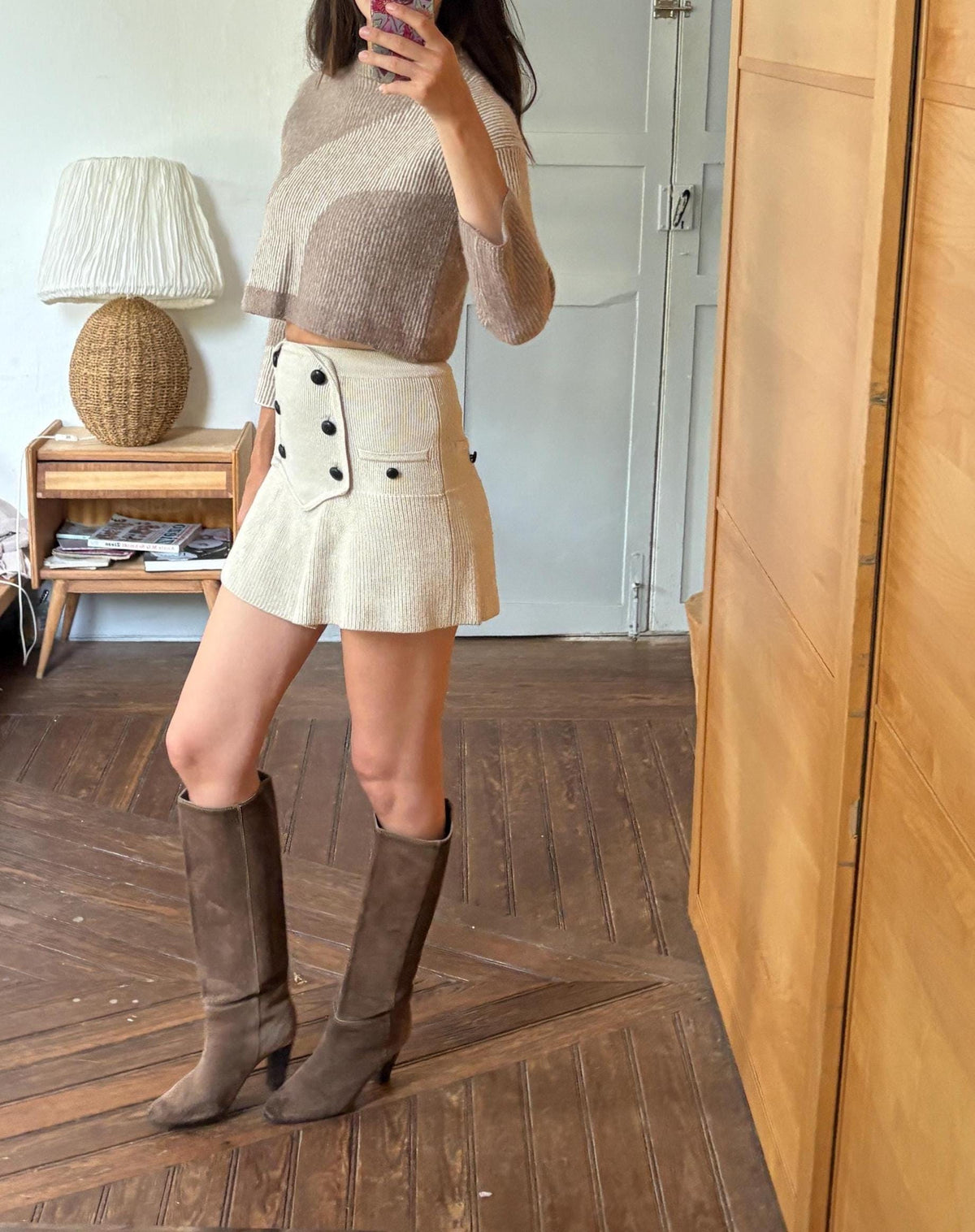 Armedangels Cropped Wool Blend Sweater, Neutral Colour Block Knit Jumper, Minimalist Women's XS - S
