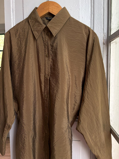 Massimo Dutti Women's Olive Green Blouse, Minimalist Long Sleeve Shirt, Luxe Draped Button Up, Size M