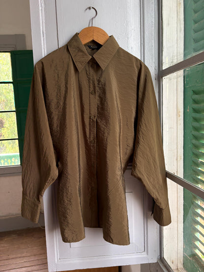 Massimo Dutti Women's Olive Green Blouse, Minimalist Long Sleeve Shirt, Luxe Draped Button Up, Size M