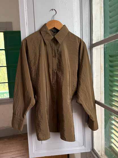 Massimo Dutti Women's Olive Green Blouse, Minimalist Long Sleeve Shirt, Luxe Draped Button Up, Size M