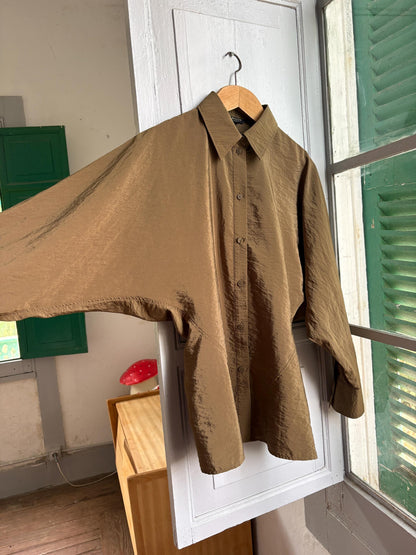 Massimo Dutti Women's Olive Green Blouse, Minimalist Long Sleeve Shirt, Luxe Draped Button Up, Size M