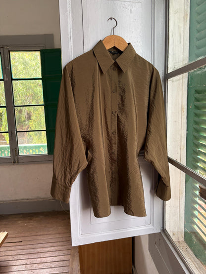 Massimo Dutti Women's Olive Green Blouse, Minimalist Long Sleeve Shirt, Luxe Draped Button Up, Size M