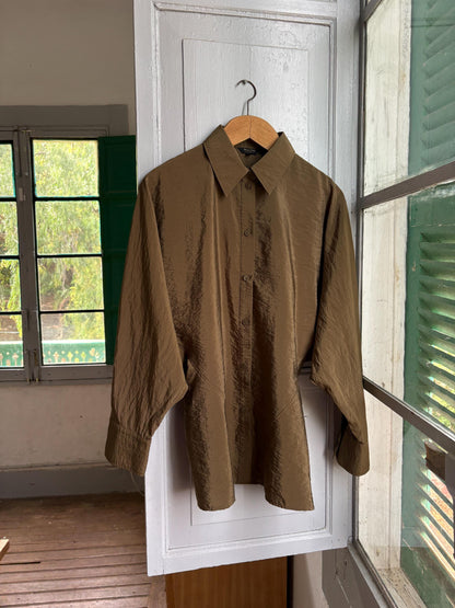 Massimo Dutti Women's Olive Green Blouse, Minimalist Long Sleeve Shirt, Luxe Draped Button Up, Size M
