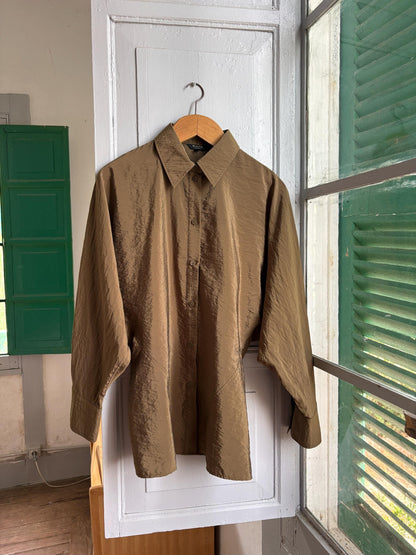 Massimo Dutti Women's Olive Green Blouse, Minimalist Long Sleeve Shirt, Luxe Draped Button Up, Size M