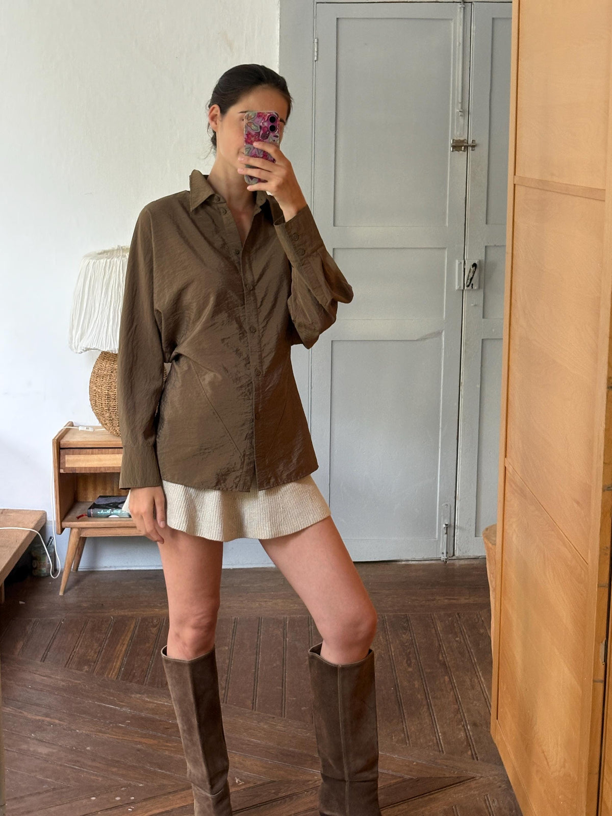 Massimo Dutti Women's Olive Green Blouse, Minimalist Long Sleeve Shirt, Luxe Draped Button Up, Size M