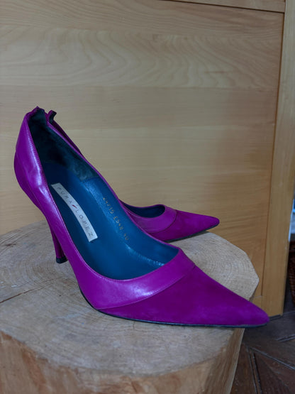 Luxury  Pura López Pink Suede Leather Heels EU 40, Designer Pumps Made in Spain, Fuchsia Stiletto Shoes