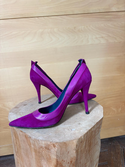 Luxury  Pura López Pink Suede Leather Heels EU 40, Designer Pumps Made in Spain, Fuchsia Stiletto Shoes