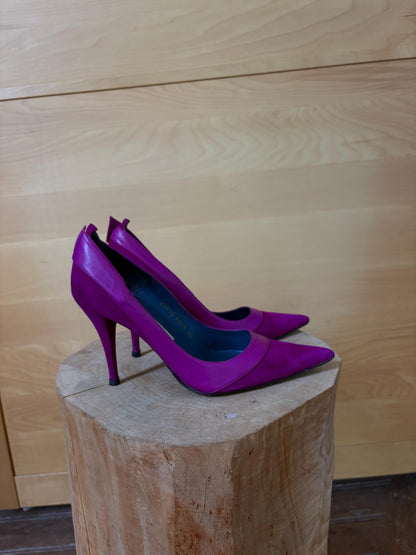 Luxury  Pura López Pink Suede Leather Heels EU 40, Designer Pumps Made in Spain, Fuchsia Stiletto Shoes