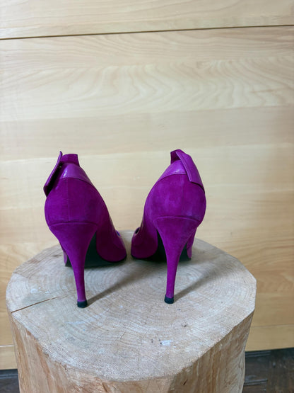 Luxury  Pura López Pink Suede Leather Heels EU 40, Designer Pumps Made in Spain, Fuchsia Stiletto Shoes