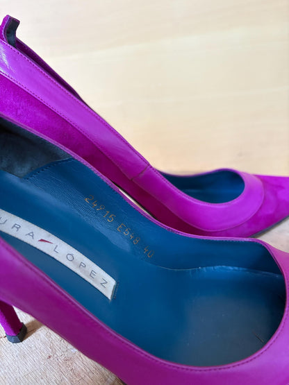 Luxury  Pura López Pink Suede Leather Heels EU 40, Designer Pumps Made in Spain, Fuchsia Stiletto Shoes