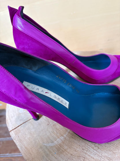 Luxury  Pura López Pink Suede Leather Heels EU 40, Designer Pumps Made in Spain, Fuchsia Stiletto Shoes