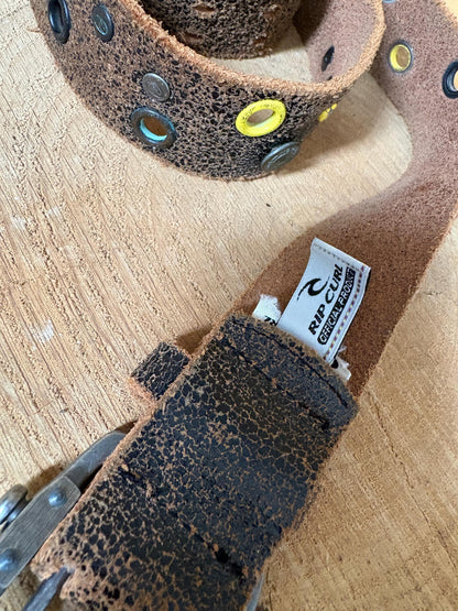Rip Curl Genuine Leather Belt Brown, Distressed Studded Belt, Surf Style Vintage Leather Belt, Unisex Festival Boho 106 cm