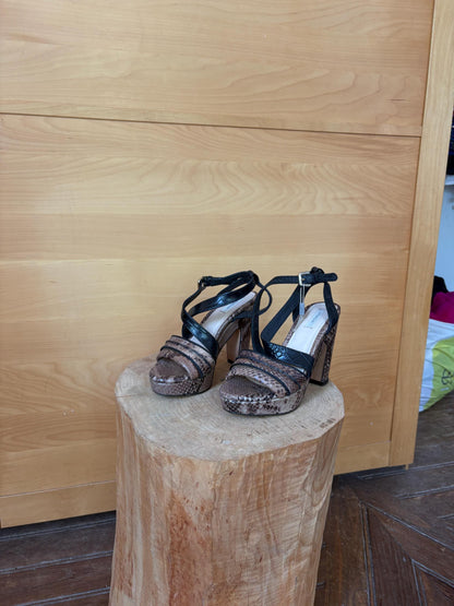 Uterqüe Leather High Heel Sandals EU 37, Made in Spain, Snake Print Block Heels, Designer Strappy Shoes, Luxury Secondhand