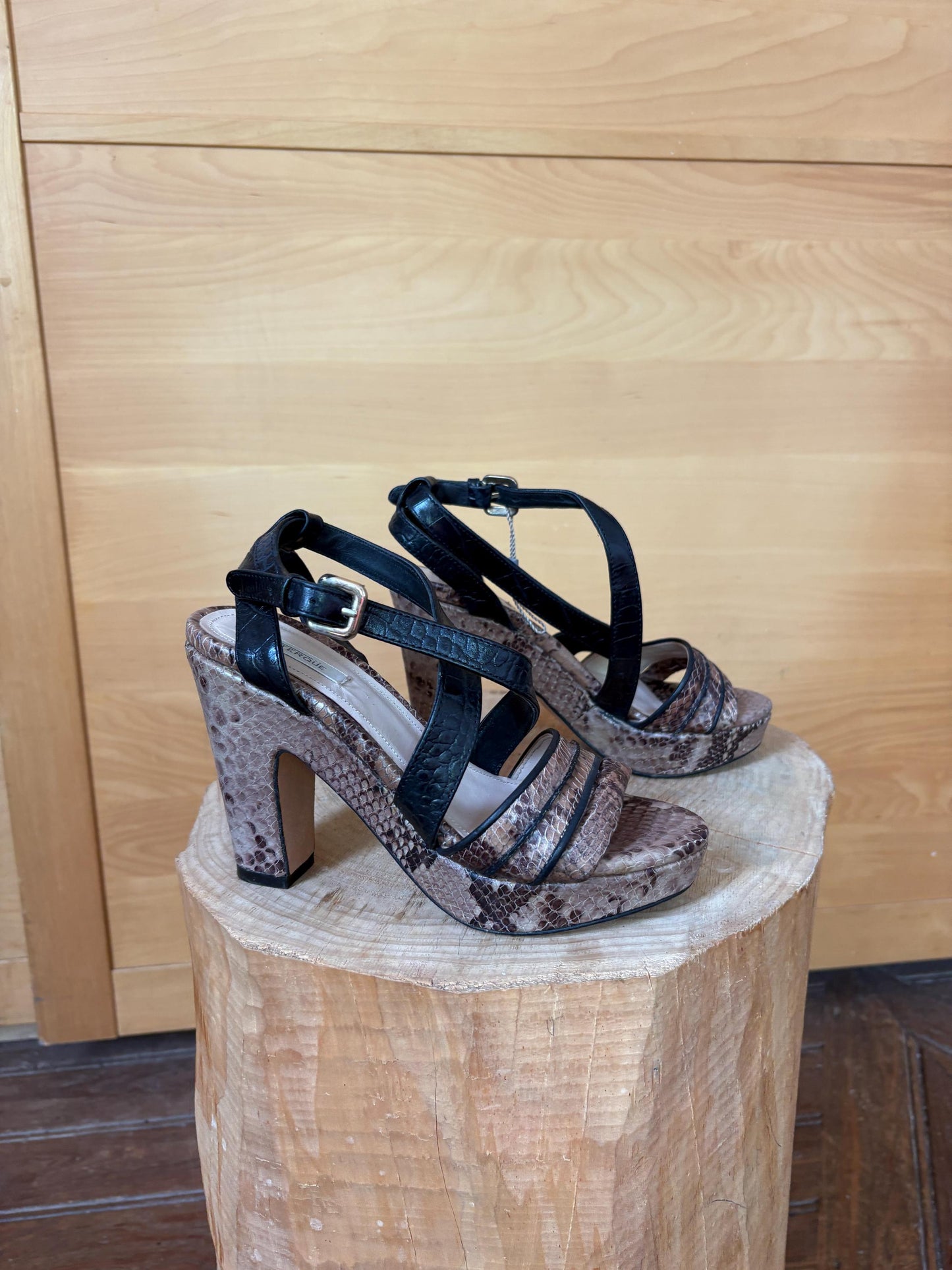 Uterqüe Leather High Heel Sandals EU 37, Made in Spain, Snake Print Block Heels, Designer Strappy Shoes, Luxury Secondhand