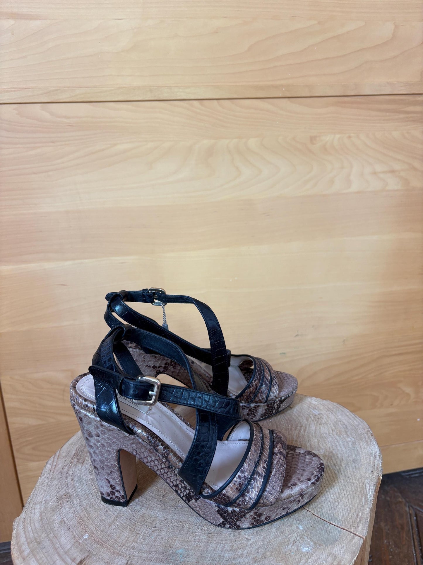 Uterqüe Leather High Heel Sandals EU 37, Made in Spain, Snake Print Block Heels, Designer Strappy Shoes, Luxury Secondhand