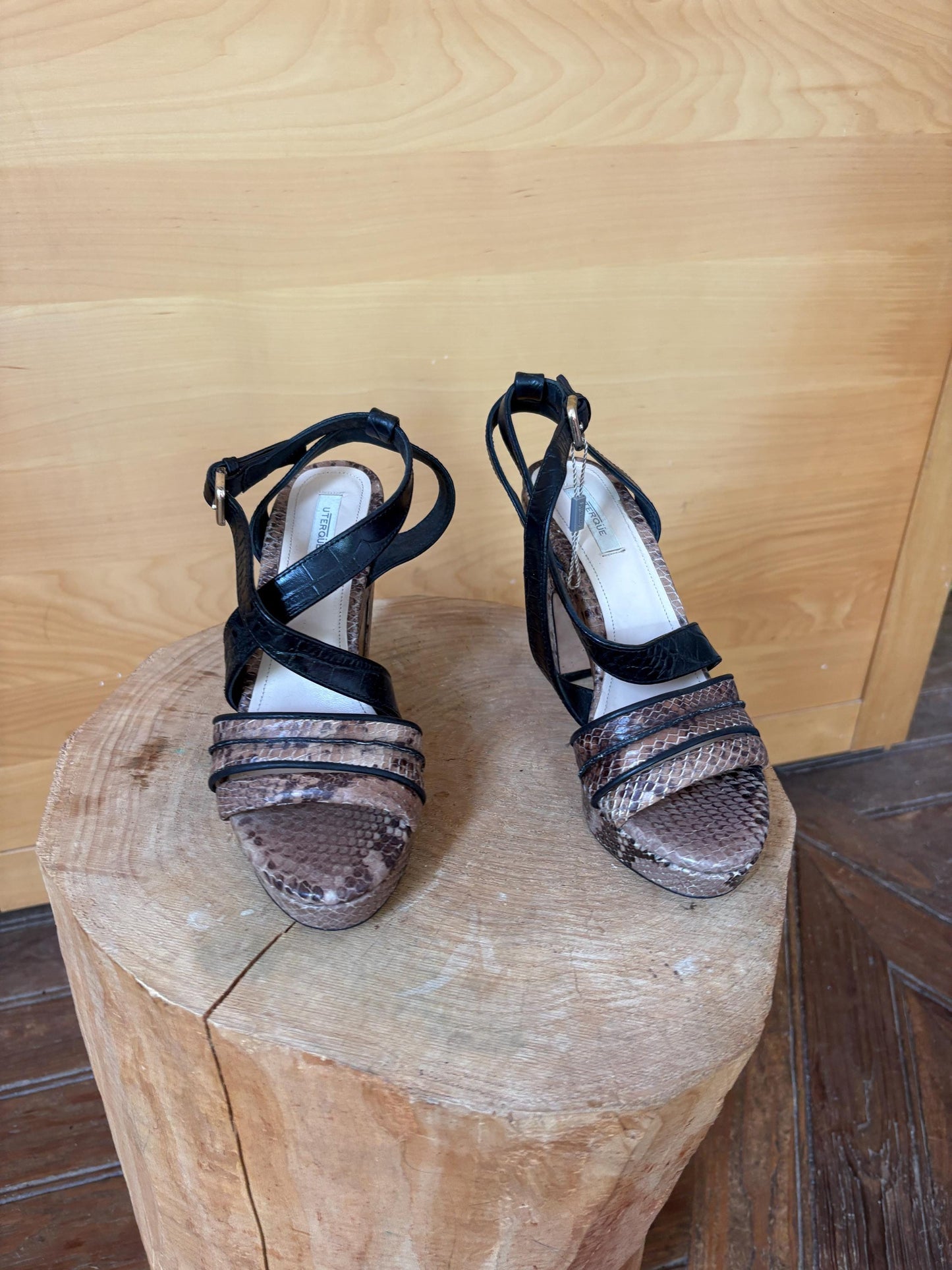 Uterqüe Leather High Heel Sandals EU 37, Made in Spain, Snake Print Block Heels, Designer Strappy Shoes, Luxury Secondhand