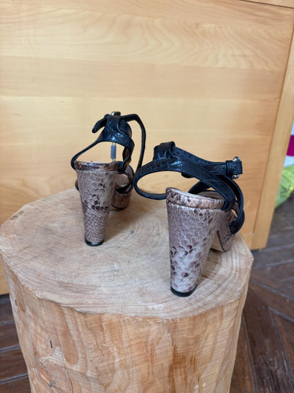 Uterqüe Leather High Heel Sandals EU 37, Made in Spain, Snake Print Block Heels, Designer Strappy Shoes, Luxury Secondhand