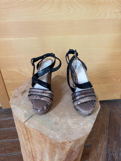 Uterqüe Leather High Heel Sandals EU 37, Made in Spain, Snake Print Block Heels, Designer Strappy Shoes, Luxury Secondhand