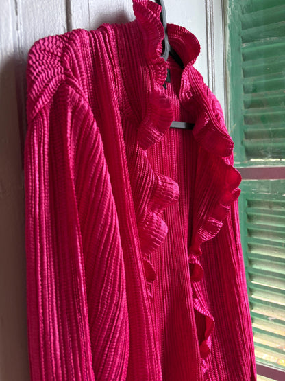 KRISS Sweden Fuchsia Ruffle Blouse, Barbiecore Pink Pleated Top, Y2K Statement Shirt, Women’s M/L