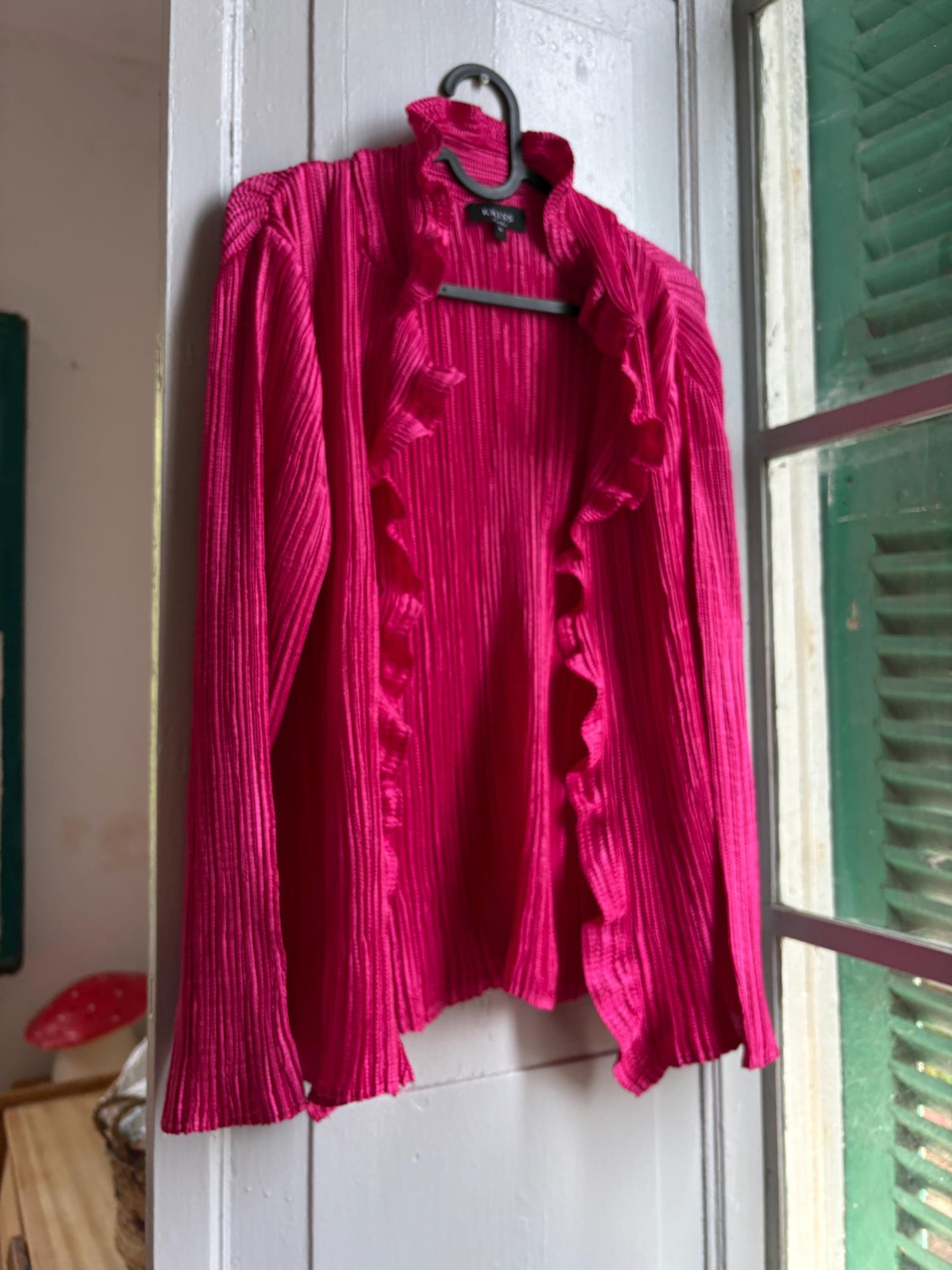 KRISS Sweden Fuchsia Ruffle Blouse, Barbiecore Pink Pleated Top, Y2K Statement Shirt, Women’s M/L