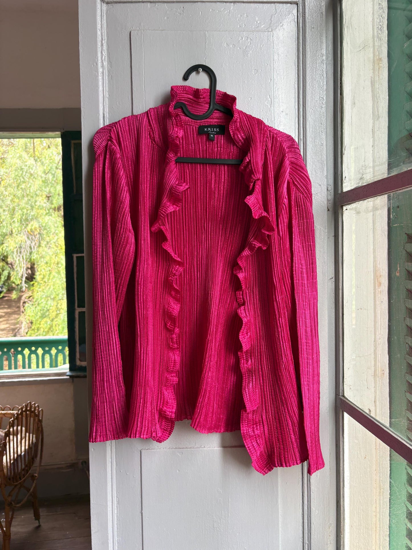 KRISS Sweden Fuchsia Ruffle Blouse, Barbiecore Pink Pleated Top, Y2K Statement Shirt, Women’s M/L