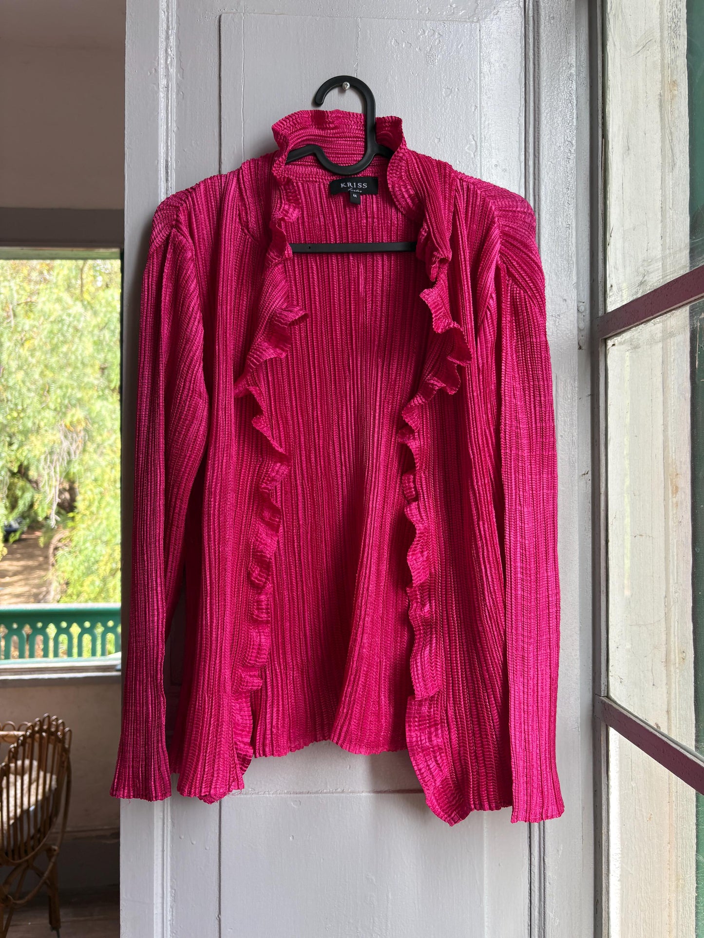 KRISS Sweden Fuchsia Ruffle Blouse, Barbiecore Pink Pleated Top, Y2K Statement Shirt, Women’s M/L