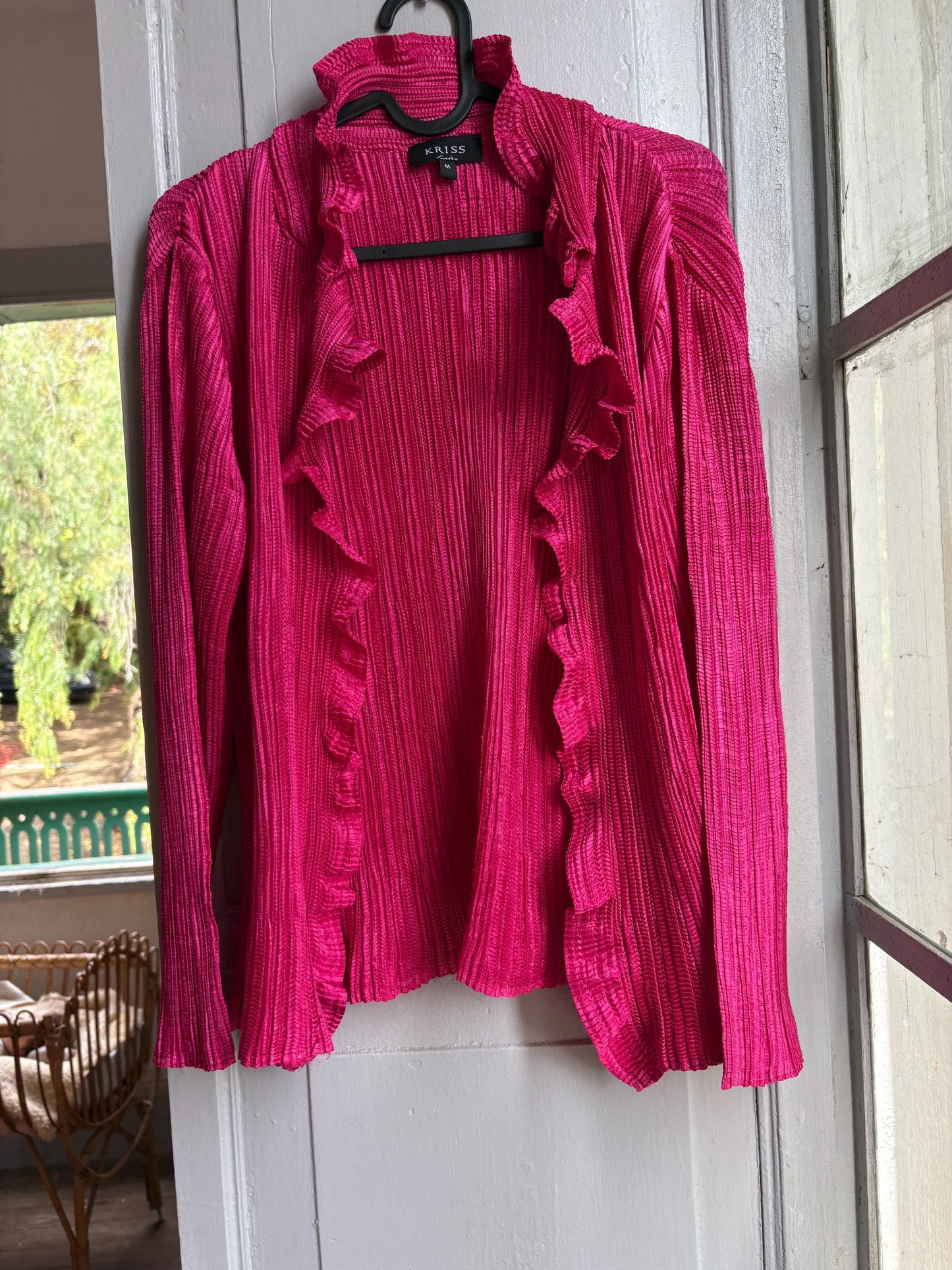 KRISS Sweden Fuchsia Ruffle Blouse, Barbiecore Pink Pleated Top, Y2K Statement Shirt, Women’s M/L