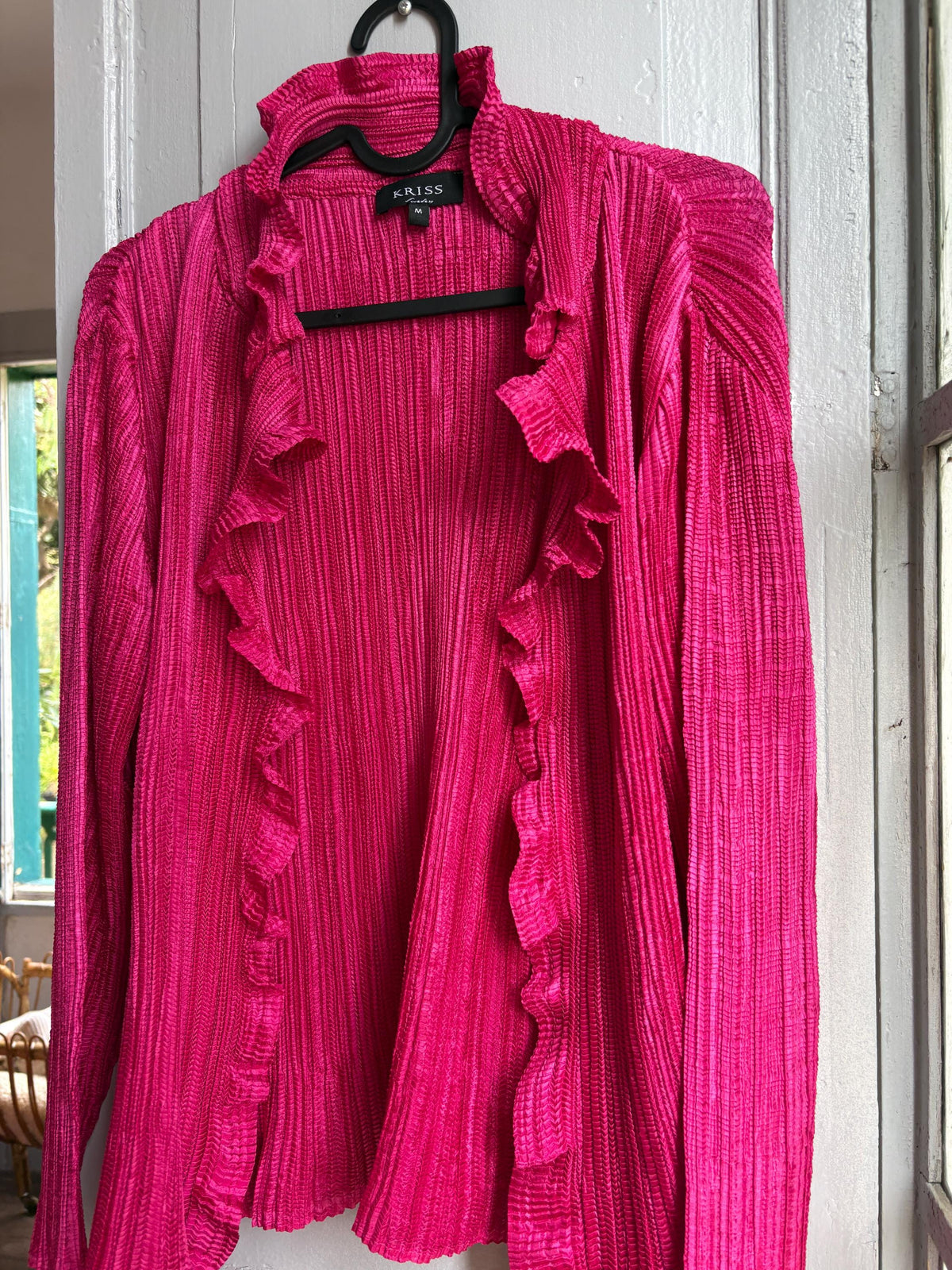 KRISS Sweden Fuchsia Ruffle Blouse, Barbiecore Pink Pleated Top, Y2K Statement Shirt, Women’s M/L