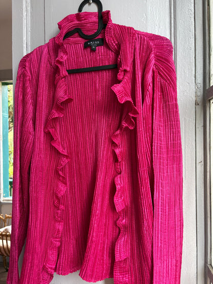 KRISS Sweden Fuchsia Ruffle Blouse, Barbiecore Pink Pleated Top, Y2K Statement Shirt, Women’s M/L