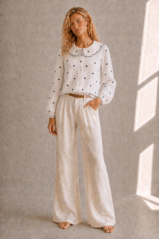 White Cotton Blouse with Scalloped Collar, Navy Embroidered Dots, Romantic Cottagecore Shirt, Women’s S