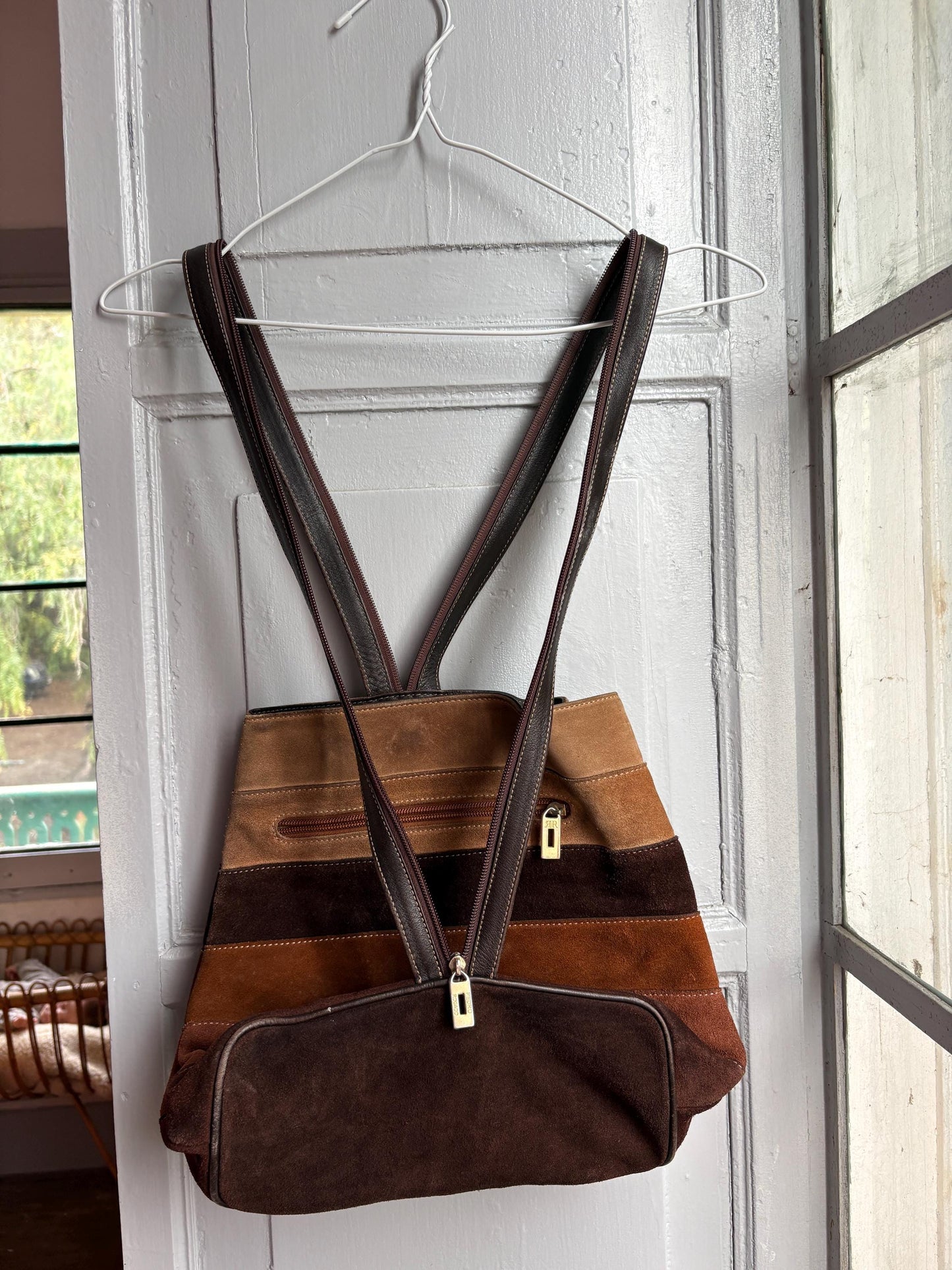 Pedro Rogado Genuine Leather Suede Backpack, Convertible Crossbody Sling Bag, Brown 90s Style Bag