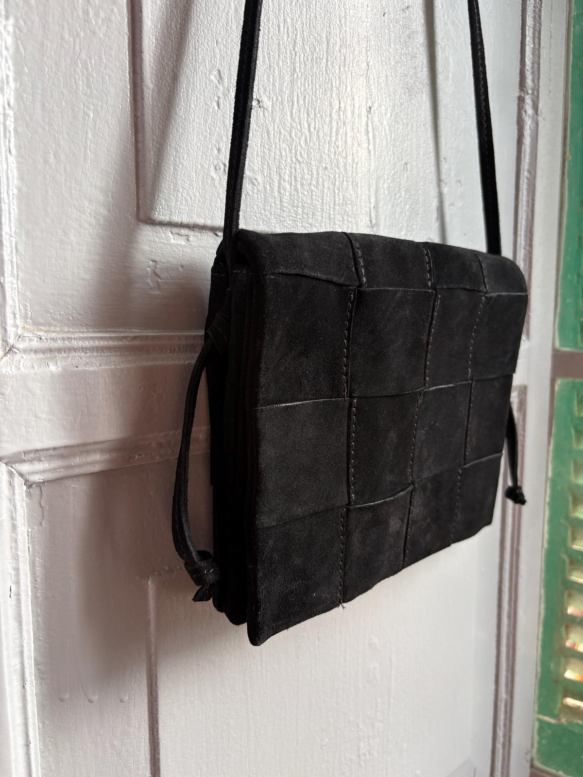 Black Suede Patchwork Crossbody Bag, Genuine Leather Shoulder Purse, Minimalist 90s Boho Everyday Bag