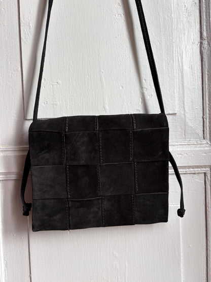Black Suede Patchwork Crossbody Bag, Genuine Leather Shoulder Purse, Minimalist 90s Boho Everyday Bag