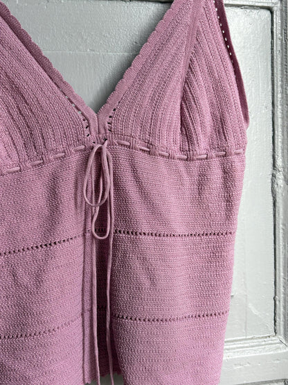 Y2K Knit Camisole Top, Pink Tie Front Tank, Boho Crochet Look Cami, Festival Summer Top, Women's XS