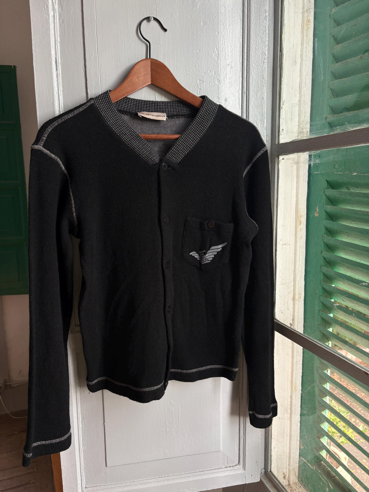 Vintage Emporio Armani Cardigan Black Knit, Designer Wool Blend Sweater,  Women's S