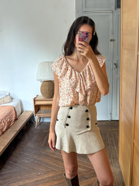 Romantic Autumn Leaf Ruffle Blouse XL, Cottagecore Sleeveless Top, Soft Botanical Print, Boho Summer Blouse,  Secondhand top