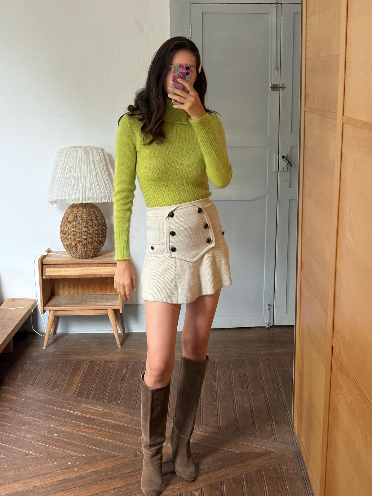 Sisley Lime Green Mohair Blend Turtleneck Sweater, Made in Italy, Y2K Fitted Knit, Pistachio Green Jumper
