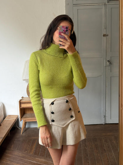 Sisley Lime Green Mohair Blend Turtleneck Sweater, Made in Italy, Y2K Fitted Knit, Pistachio Green Jumper