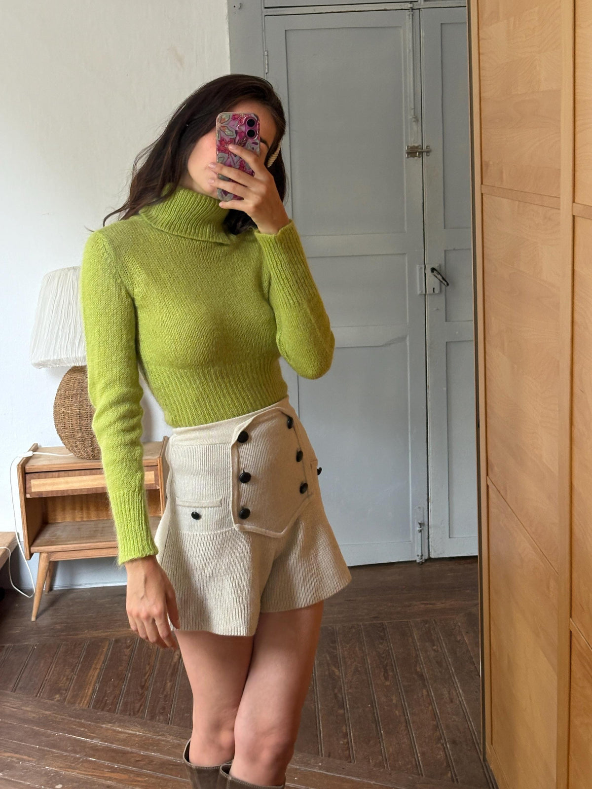 Sisley Lime Green Mohair Blend Turtleneck Sweater, Made in Italy, Y2K Fitted Knit, Pistachio Green Jumper