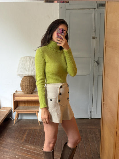 Sisley Lime Green Mohair Blend Turtleneck Sweater, Made in Italy, Y2K Fitted Knit, Pistachio Green Jumper
