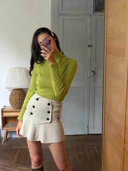 Sisley Lime Green Mohair Blend Turtleneck Sweater, Made in Italy, Y2K Fitted Knit, Pistachio Green Jumper
