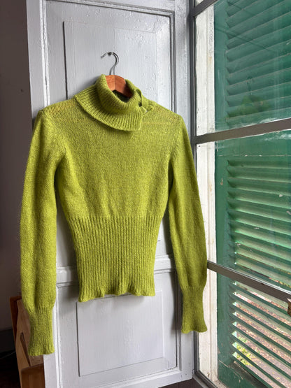 Sisley Lime Green Mohair Blend Turtleneck Sweater, Made in Italy, Y2K Fitted Knit, Pistachio Green Jumper
